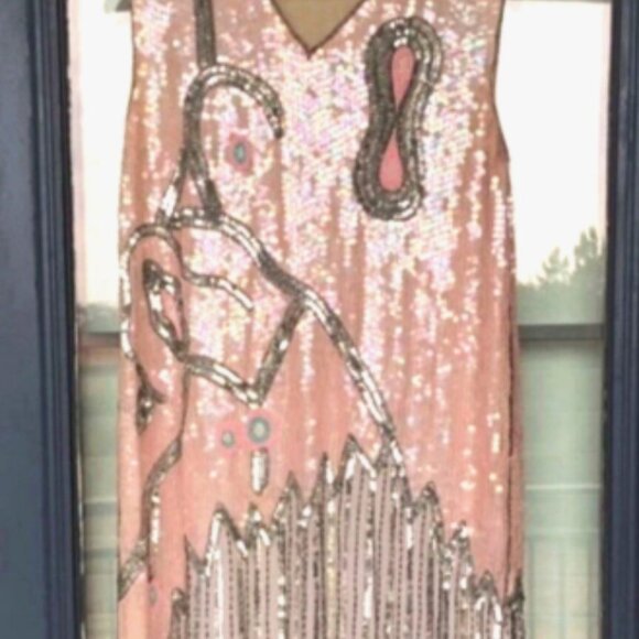 Vtg Howard Hearstfield Luxury Light Pink Silver Hand Beaded Sequin Silk Dress M - Picture 17 of 17